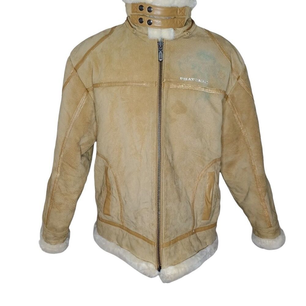 Phat Farm Suede Leather Jacket Mens Sz L Tan Faux Shearling Lined Vtg 90s Heavy